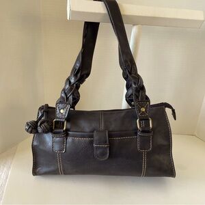 Rare Vintage Brown Leather Purse Brass Loops  Braided Handles Monkey Fist Zipper